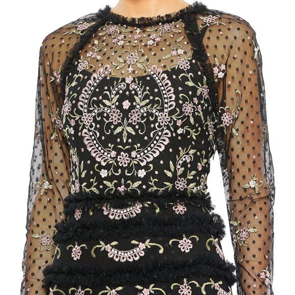 Mac Duggal 8030 Polka Dot Long Sleeve Floral Ruffle Tired Gown - Picture 3 of 12